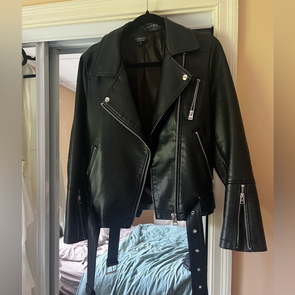 Topshop Black Faux Leather Moto Jacket Asymmetrical Zipper